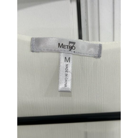 Metro 7 Sheer Cap Sleeve  V-Neck Ruffle Blouse Eggshell Sz Medium Career Office - Picture 5 of 10